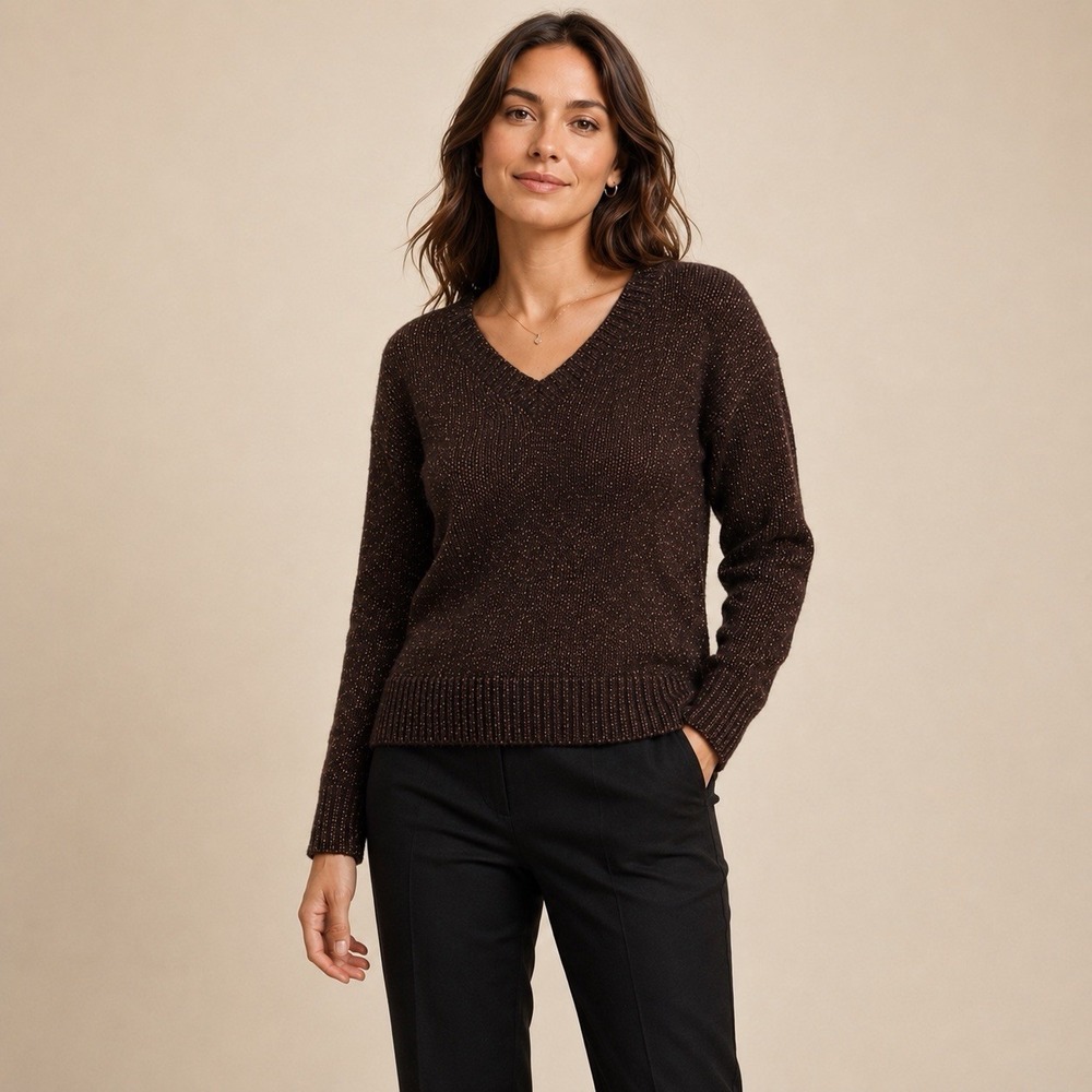 Loft Women's NWT Knit Sweater XS Petites Brown Metallic V-Neck Business Holiday
